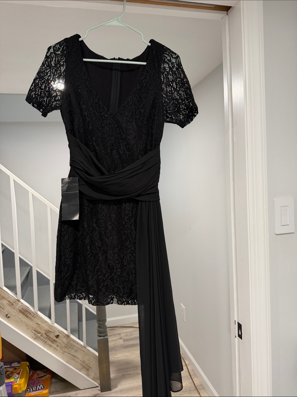 bebe Black Lace Short Dress with Draped Sash